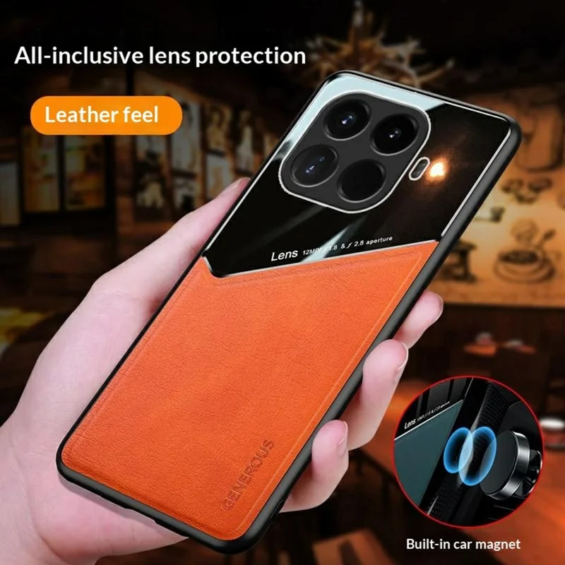 For Xiaomi 15T Pro Case Precise Cutout Leather Coated PC + TPU Phone Back Cover Built-in Metal Sheet - Orange