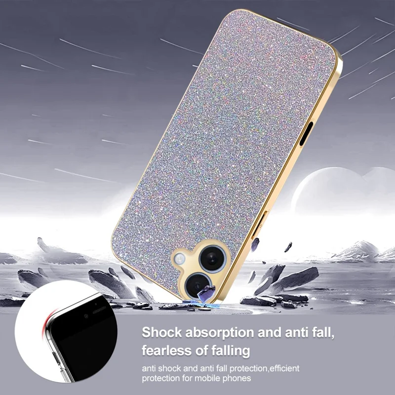Für iPhone 17 Hülle mit Galvanikrahmen, funkelndem Glitzer, stoßfest, PC + TPU Handy-Schutzhülle - Silber