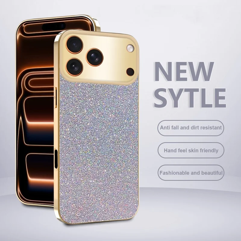 Für iPhone 17 Pro Hülle mit Galvanikrahmen, funkelndem Glitzer, stoßfest, PC + TPU Handyhülle - Gold