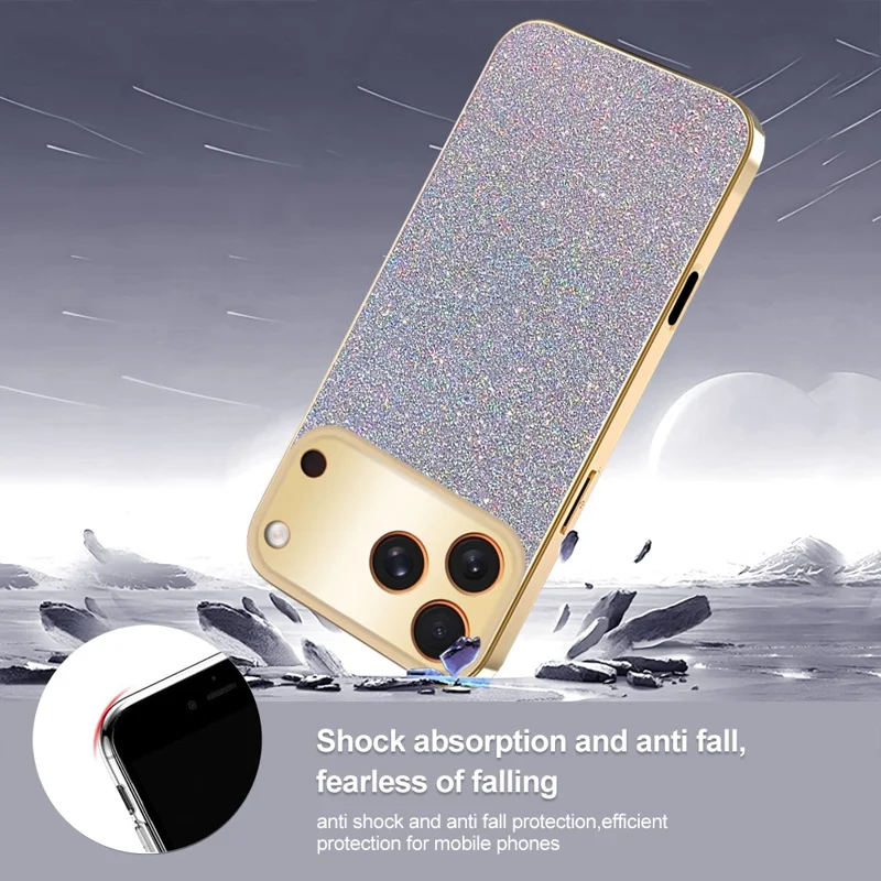 Für iPhone 17 Pro Hülle mit Galvanikrahmen, funkelndem Glitzer, stoßfest, PC + TPU Handyhülle - Gold