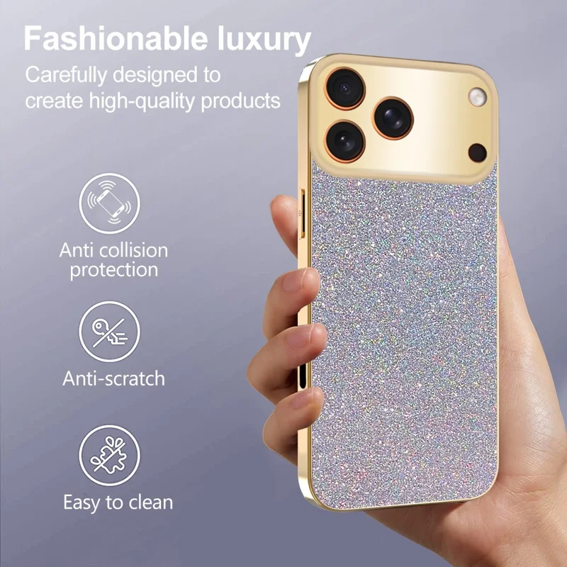 Für iPhone 17 Pro Hülle mit Galvanikrahmen, funkelndem Glitzer, stoßfest, PC + TPU Handyhülle - Gold