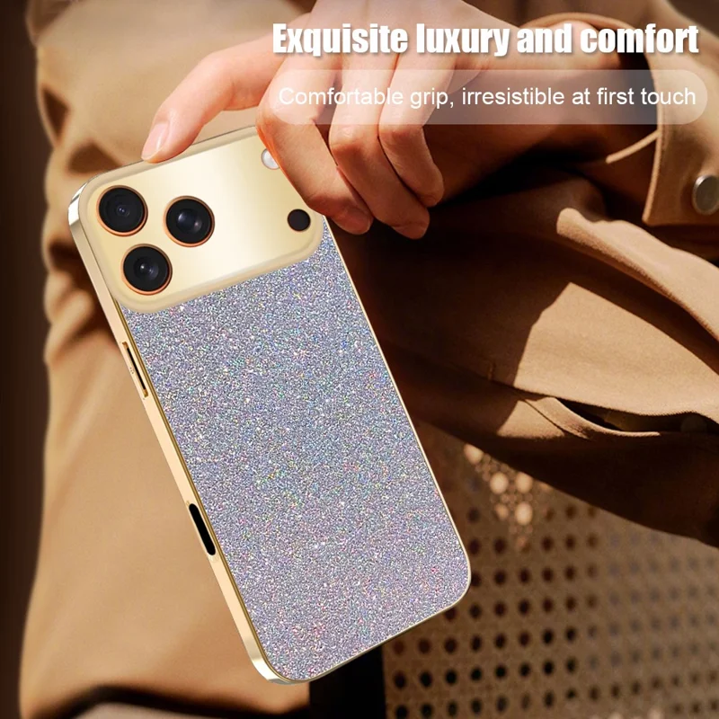 Für iPhone 17 Pro Hülle mit Galvanikrahmen, funkelndem Glitzer, stoßfest, PC + TPU Handyhülle - Gold