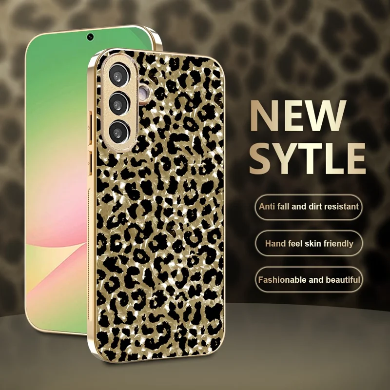 Für Samsung Galaxy A56 5G Hülle mit Galvanikrahmen, Leopardenmuster, Hybrid-Handyhülle aus PC + TPU – Gold