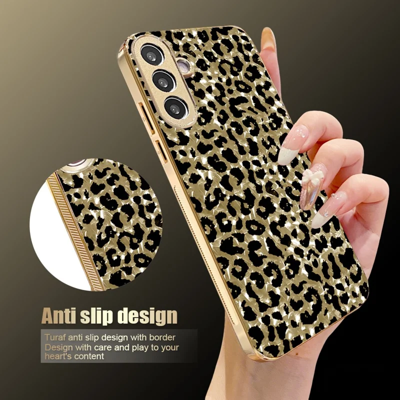 Für Samsung Galaxy A56 5G Hülle mit Galvanikrahmen, Leopardenmuster, Hybrid-Handyhülle aus PC + TPU – Gold