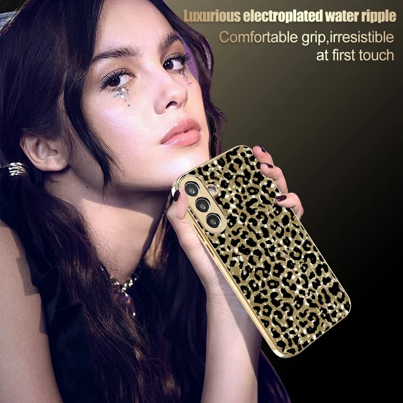 Für Samsung Galaxy A56 5G Hülle mit Galvanikrahmen, Leopardenmuster, Hybrid-Handyhülle aus PC + TPU – Gold
