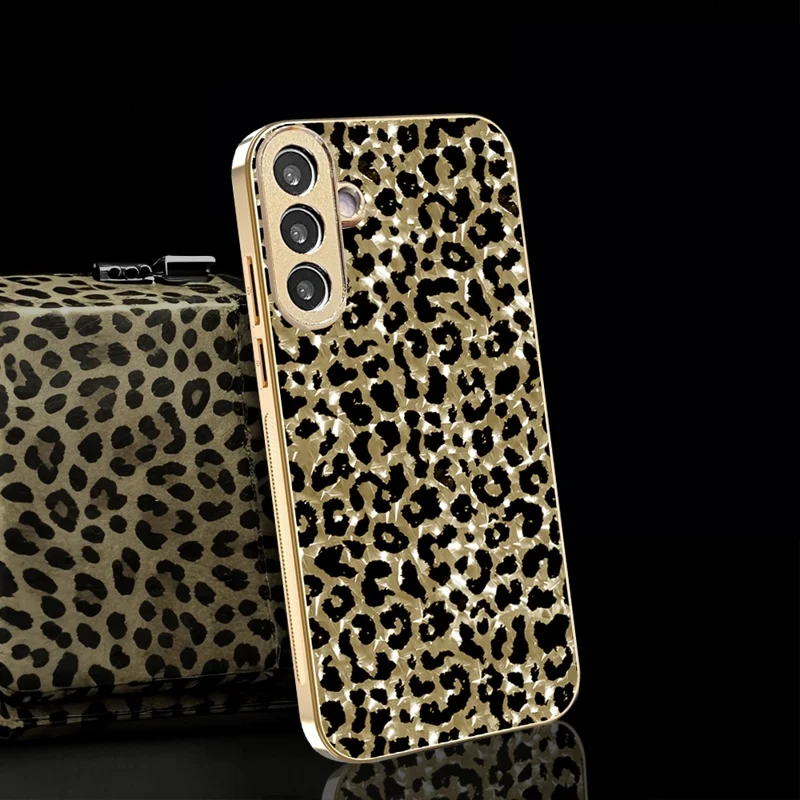 Für Samsung Galaxy A56 5G Hülle mit Galvanikrahmen, Leopardenmuster, Hybrid-Handyhülle aus PC + TPU – Gold