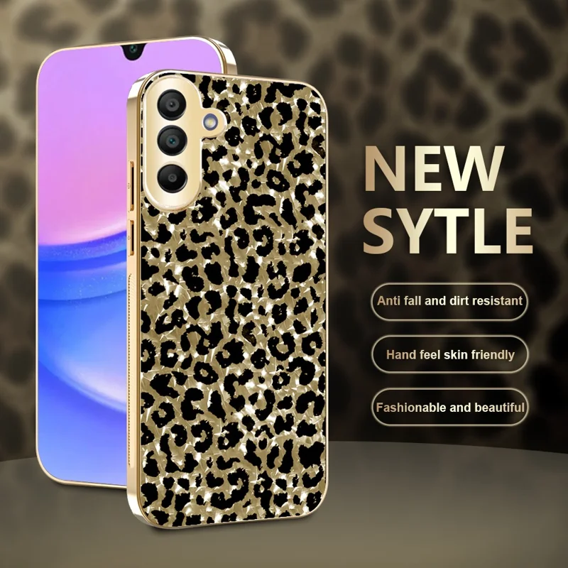 Für Samsung Galaxy A17 5G / A17 4G Hülle mit Galvanikrahmen, Leopardenmuster, Hybrid-Handyhülle aus PC + TPU – Gold