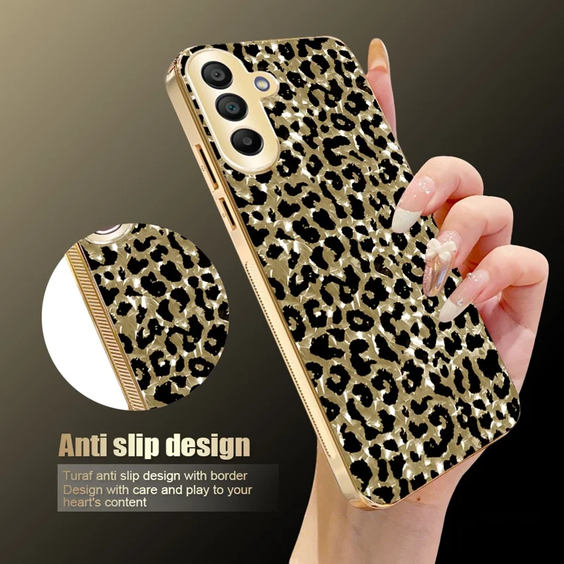 Für Samsung Galaxy A17 5G / A17 4G Hülle mit Galvanikrahmen, Leopardenmuster, Hybrid-Handyhülle aus PC + TPU – Gold