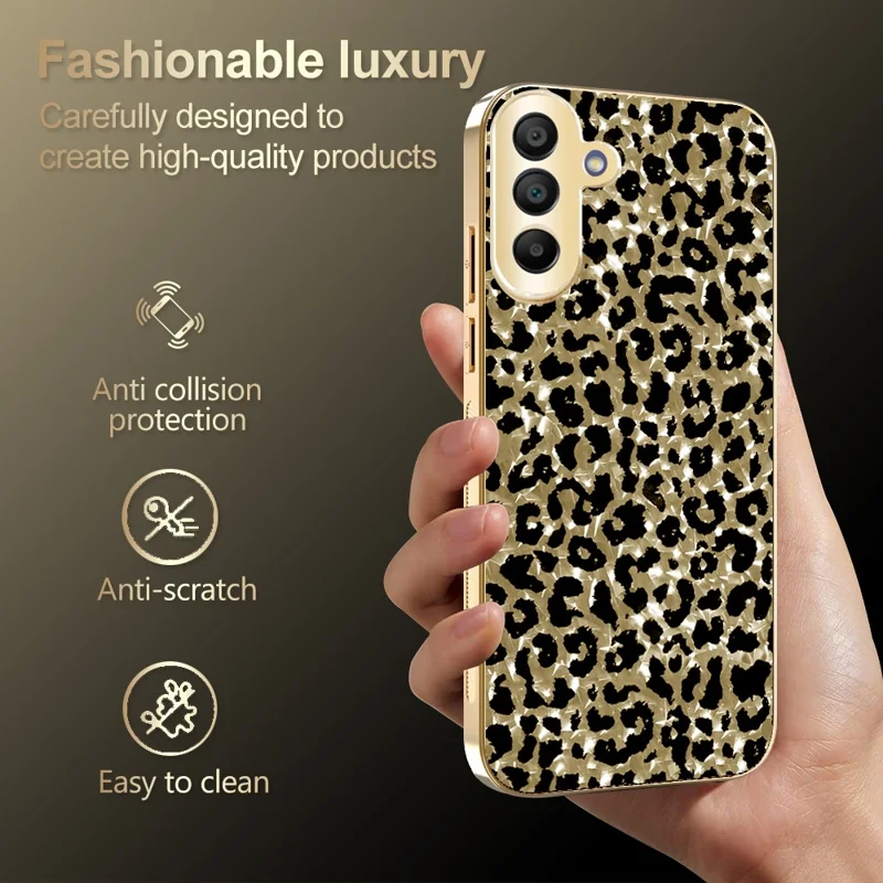 Für Samsung Galaxy A17 5G / A17 4G Hülle mit Galvanikrahmen, Leopardenmuster, Hybrid-Handyhülle aus PC + TPU – Gold