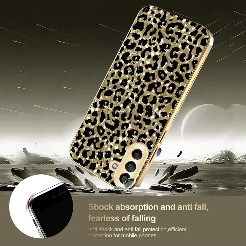 Für Samsung Galaxy A17 5G / A17 4G Hülle mit Galvanikrahmen, Leopardenmuster, Hybrid-Handyhülle aus PC + TPU – Gold