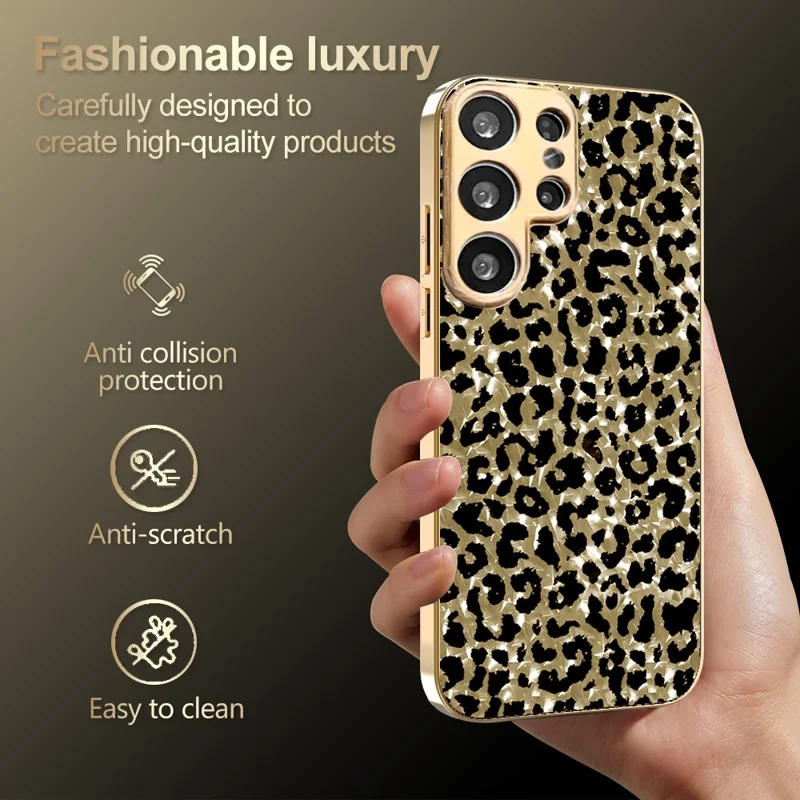 Obudowa do Samsung Galaxy S25 Ultra z ramką z powłoką metalizowaną, wzór lamparta, pokrywa hybrydowa PC + TPU - złota