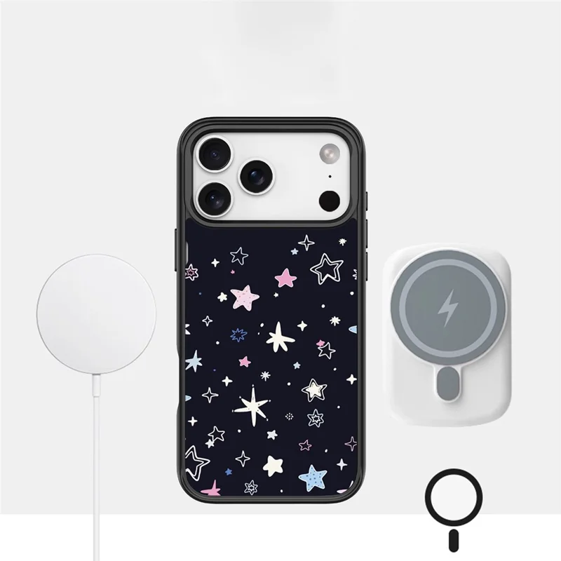 Coque magnétique pour iPhone 17 Pro Max, housse en TPU et PC avec plaque arrière amovible noire et étoiles colorées - Noir