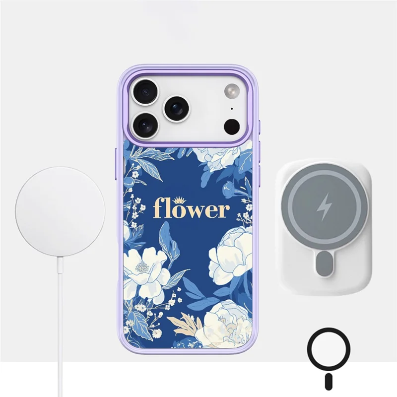 Coque magnétique pour iPhone 17 Pro Max, housse en TPU et PC avec plaque arrière amovible à motif fleurs blanches - Violet