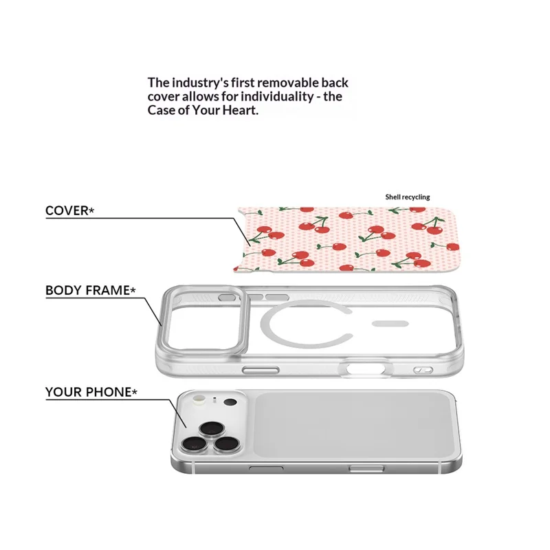 Coque magnétique pour iPhone 17 Pro Max, housse en TPU et PC avec dos amovible à motif de cerises à pois - Blanc