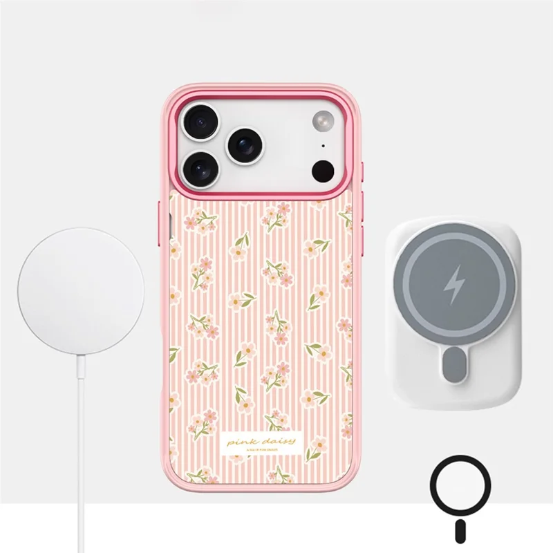 For iPhone 17 Pro Max Magnetic Case TPU PC Phone Cover with Detachable Vertical Striped Small Floral Backplate - Pink