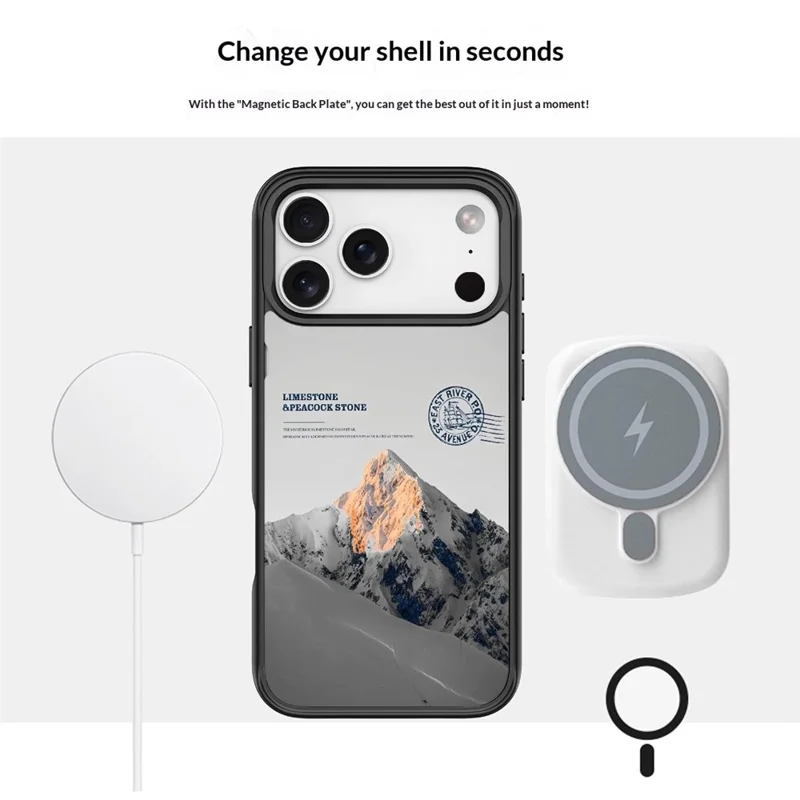 For iPhone 18 Pro / 17 Pro Magnetic Case TPU PC Phone Cover with Detachable Snowy Mountain Backplate - Black