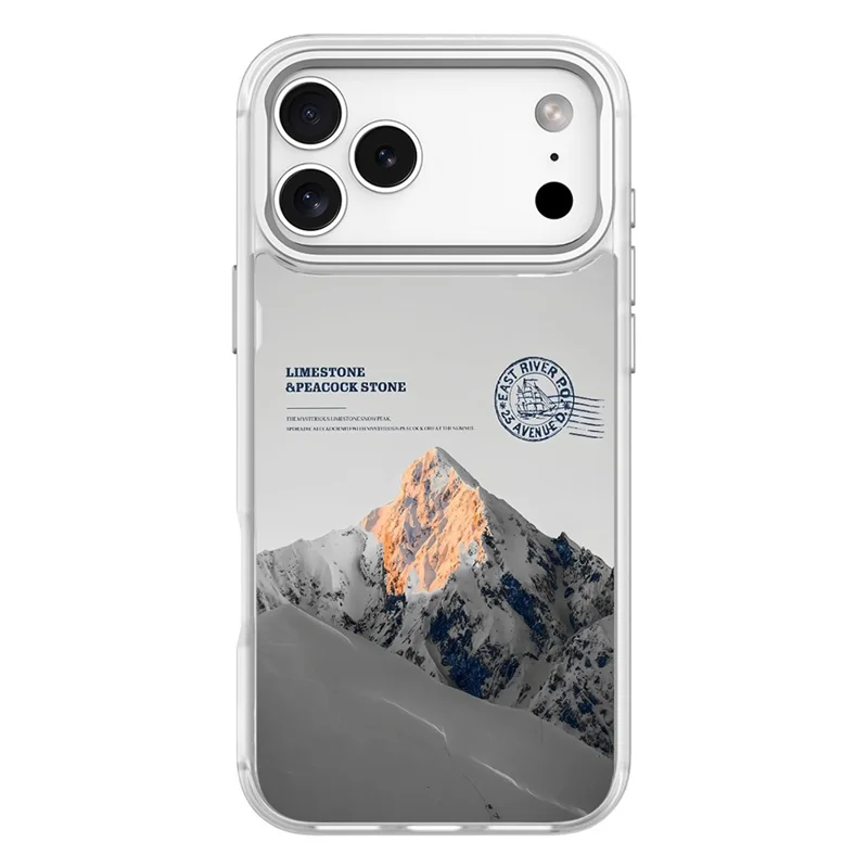 Étui magnétique pour iPhone 17 Pro Max, coque en TPU et PC avec plaque arrière amovible motif montagne enneigée - Blanc