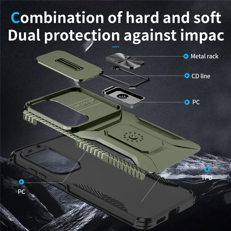 Til Samsung Galaxy S26+ Taske Camshield Stand TPU + PC Anti-slip Telefonbeskyttelse - Grøn