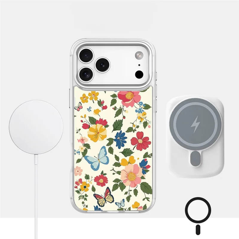 Étui magnétique pour iPhone 17 Pro Max, coque en TPU et PC avec dos amovible à motif de bouquets de fleurs en nœud papillon - Blanc