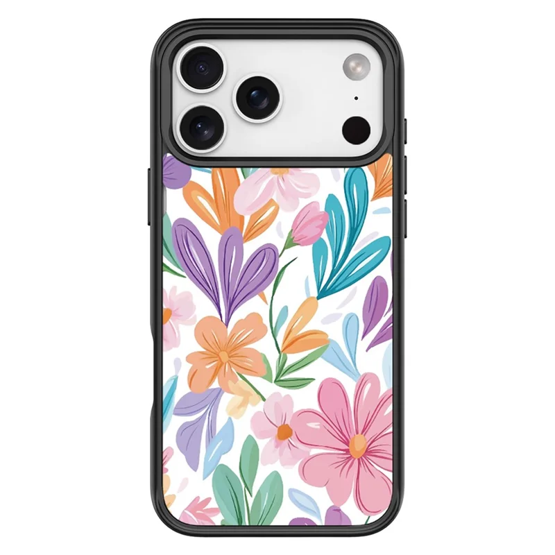 Étui magnétique pour iPhone 17 Pro Max, coque en TPU et PC avec plaque arrière amovible au motif de fleur lumineuse - Noir