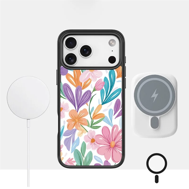 Étui magnétique pour iPhone 17 Pro Max, coque en TPU et PC avec plaque arrière amovible au motif de fleur lumineuse - Noir