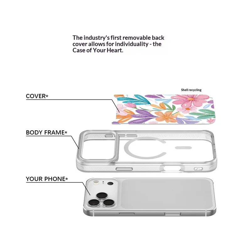 Étui magnétique pour iPhone 17 Pro Max, coque en TPU et PC avec plaque arrière amovible au motif de fleur lumineuse - Noir