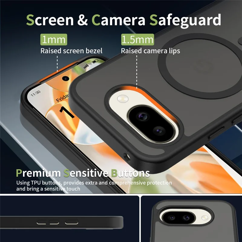 Чехол для Google Pixel 10a с магнитным креплением, рамкой из ТПУ, задней панелью из акрила, текстура под кожу — черный