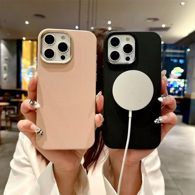 Capa Magnética para iPhone 16 Pro com Liga de Alumínio, Capa de Telemóvel em PU Leather e TPU Compatível com MagSafe - Dourado