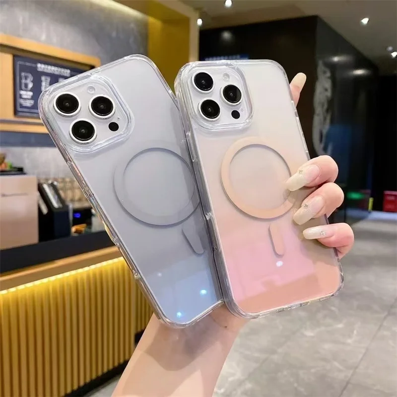 Funda magnética para iPhone 16 Pro con diseño degradado, funda transparente de TPU y PC compatible con MagSafe - Rosa