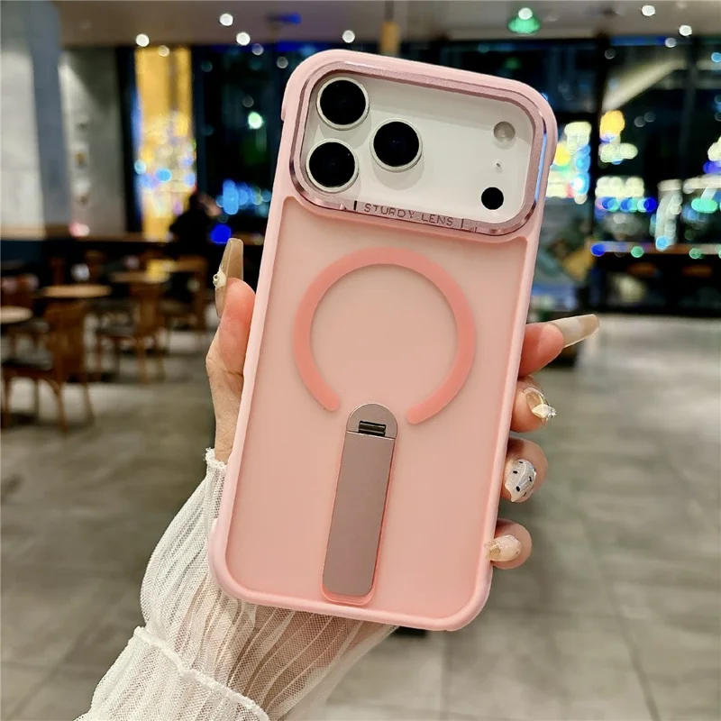 For iPhone 17 Pro Magnetic Phone Case Skin Feel PC TPU Protective Cover Compatible with MagSafe with Kickstand - Pink