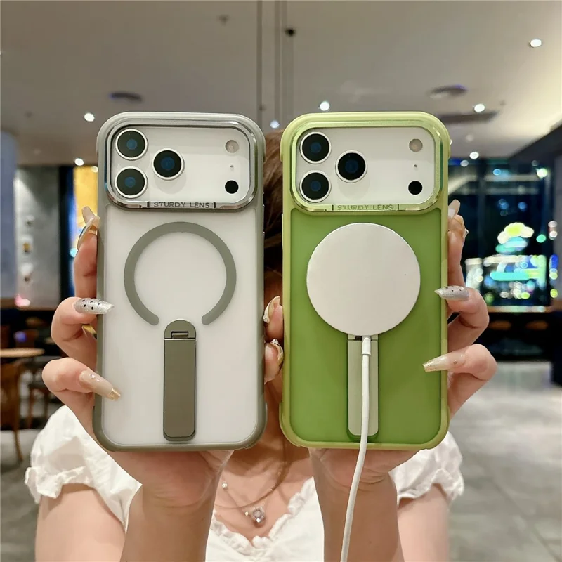 For iPhone 17 Pro Magnetic Phone Case Skin Feel PC TPU Protective Cover Compatible with MagSafe with Kickstand - Pink