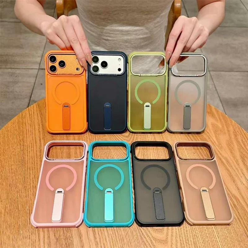 For iPhone 17 Pro Magnetic Phone Case Skin Feel PC TPU Protective Cover Compatible with MagSafe with Kickstand - Pink