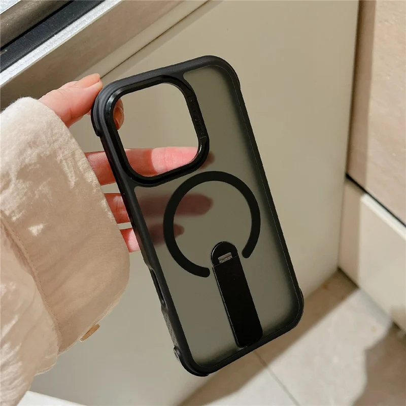 For iPhone 16 Pro Magnetic Phone Case Skin Feel PC TPU Protective Cover Compatible with MagSafe with Kickstand - Black