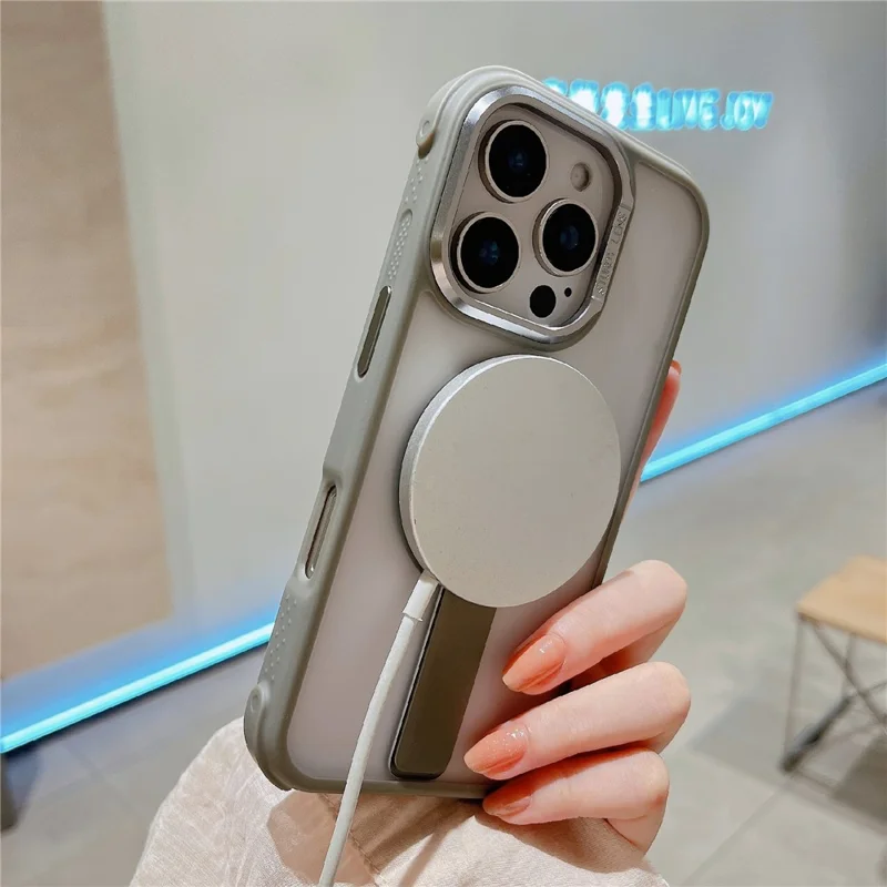 For iPhone 16 Pro Magnetic Phone Case Skin Feel PC TPU Protective Cover Compatible with MagSafe with Kickstand - Black
