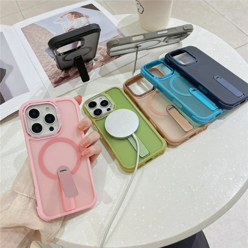 For iPhone 16 Pro Magnetic Phone Case Skin Feel PC TPU Protective Cover Compatible with MagSafe with Kickstand - Black