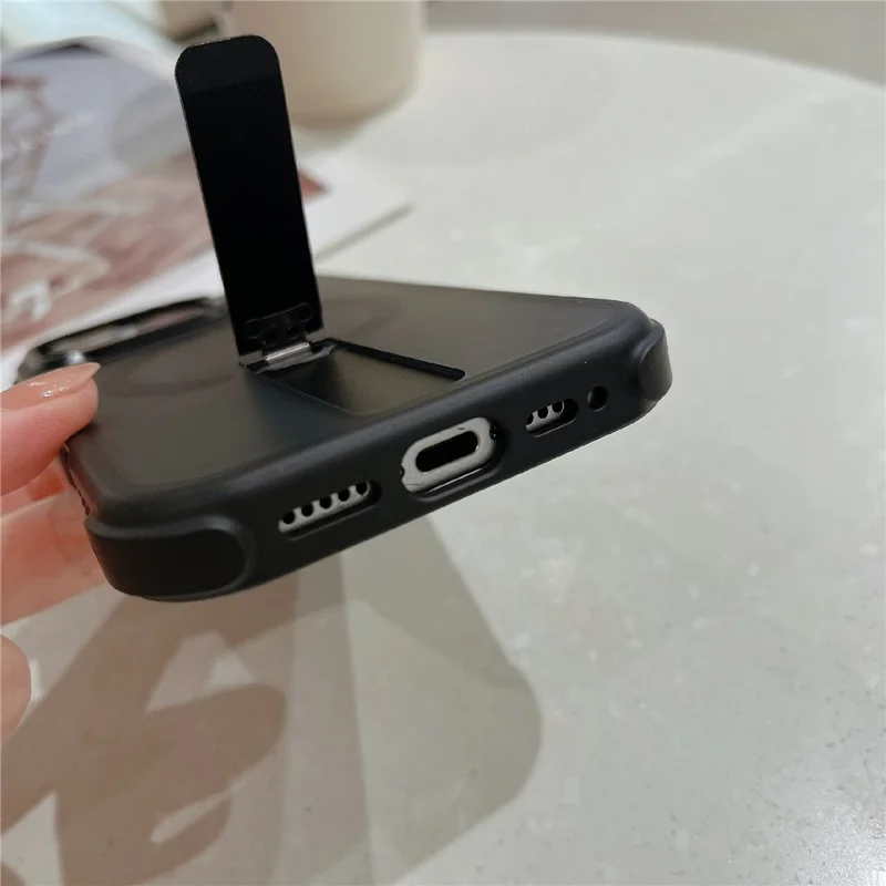 For iPhone 16 Pro Max Magnetic Phone Case Skin Feel PC TPU Protective Cover Compatible with MagSafe with Kickstand - Black