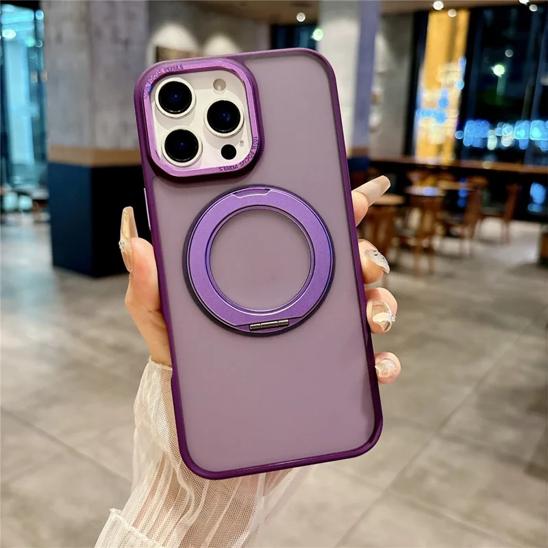 Funda para iPhone 16 Pro Max compatible con MagSafe, soporte giratorio de anillo de 360 grados, carcasa táctil de PC + TPU - Morado