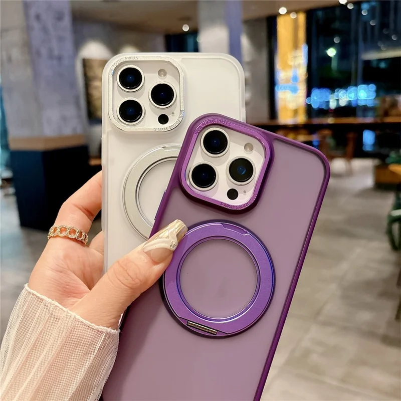 Funda para iPhone 16 Pro Max compatible con MagSafe, soporte giratorio de anillo de 360 grados, carcasa táctil de PC + TPU - Morado