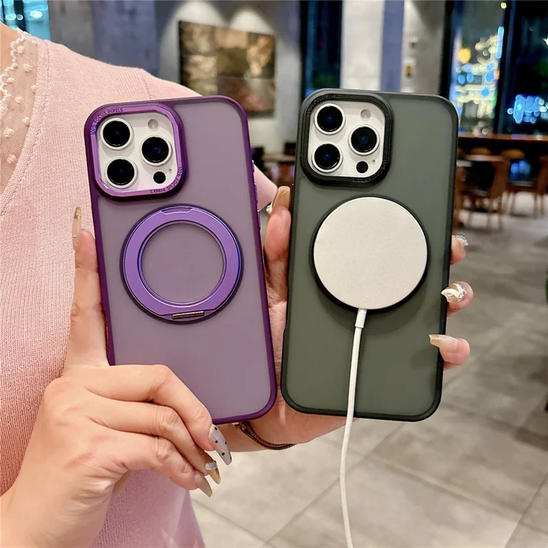 Funda para iPhone 16 Pro Max compatible con MagSafe, soporte giratorio de anillo de 360 grados, carcasa táctil de PC + TPU - Morado