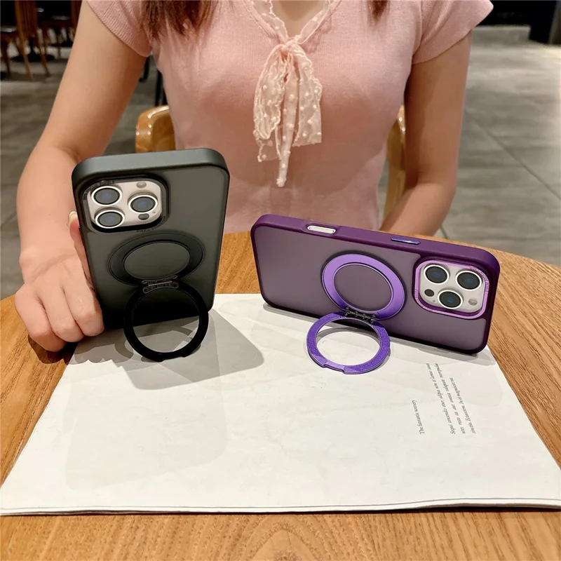 Funda para iPhone 16 Pro Max compatible con MagSafe, soporte giratorio de anillo de 360 grados, carcasa táctil de PC + TPU - Morado