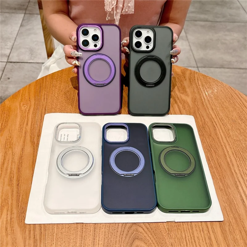 Funda para iPhone 16 Pro Max compatible con MagSafe, soporte giratorio de anillo de 360 grados, carcasa táctil de PC + TPU - Morado