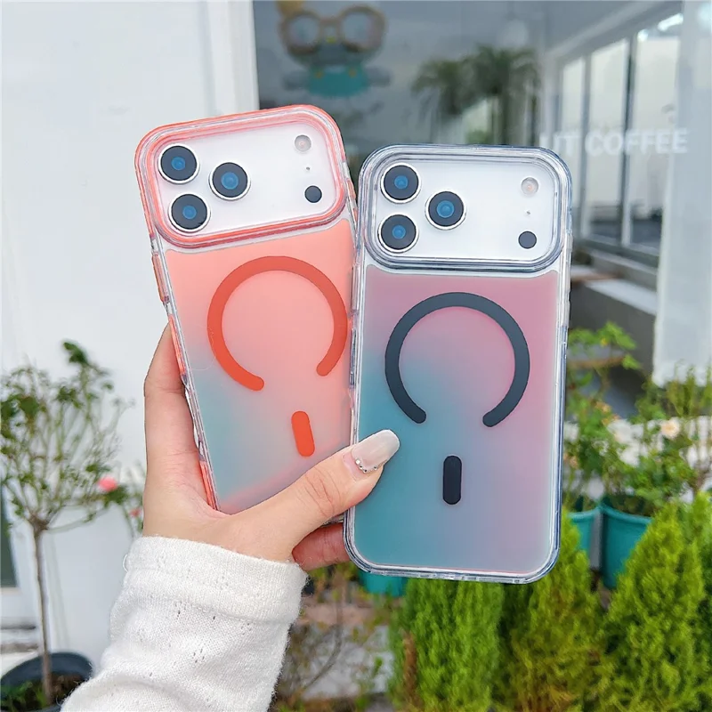 For iPhone 17 Pro Magnetic Case Laser Color Changing PC TPU Phone Protection Cover Compatible with MagSafe - Orange