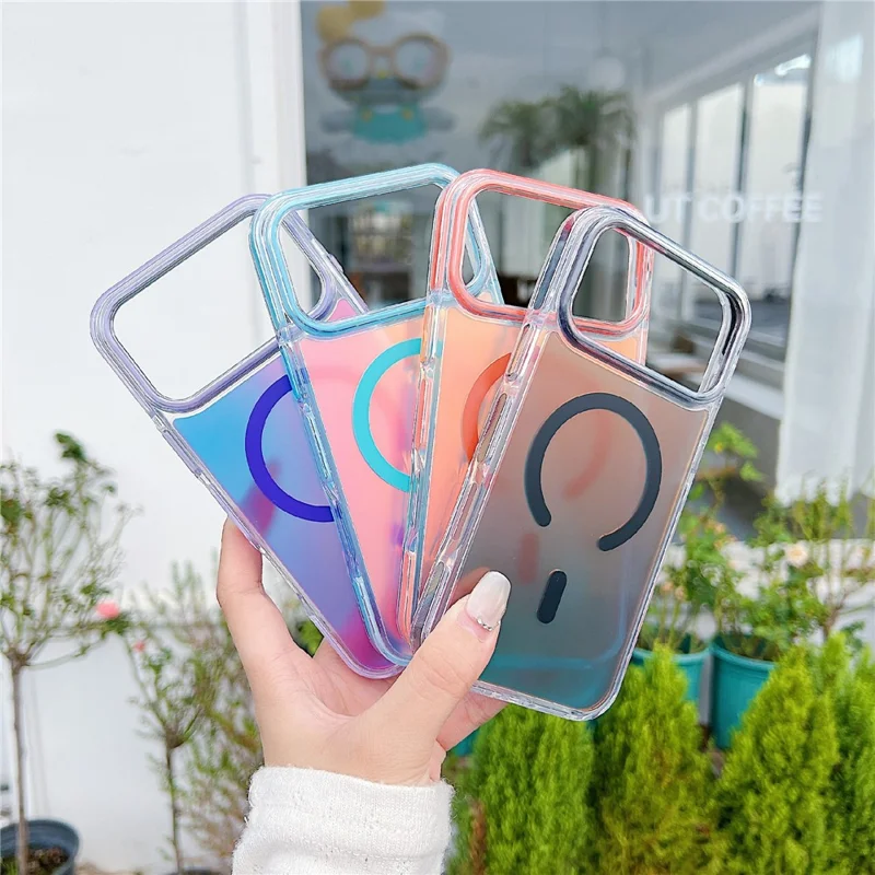 For iPhone 17 Pro Magnetic Case Laser Color Changing PC TPU Phone Protection Cover Compatible with MagSafe - Orange