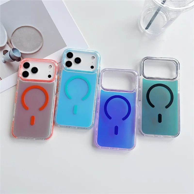 For iPhone 17 Pro Magnetic Case Laser Color Changing PC TPU Phone Protection Cover Compatible with MagSafe - Orange