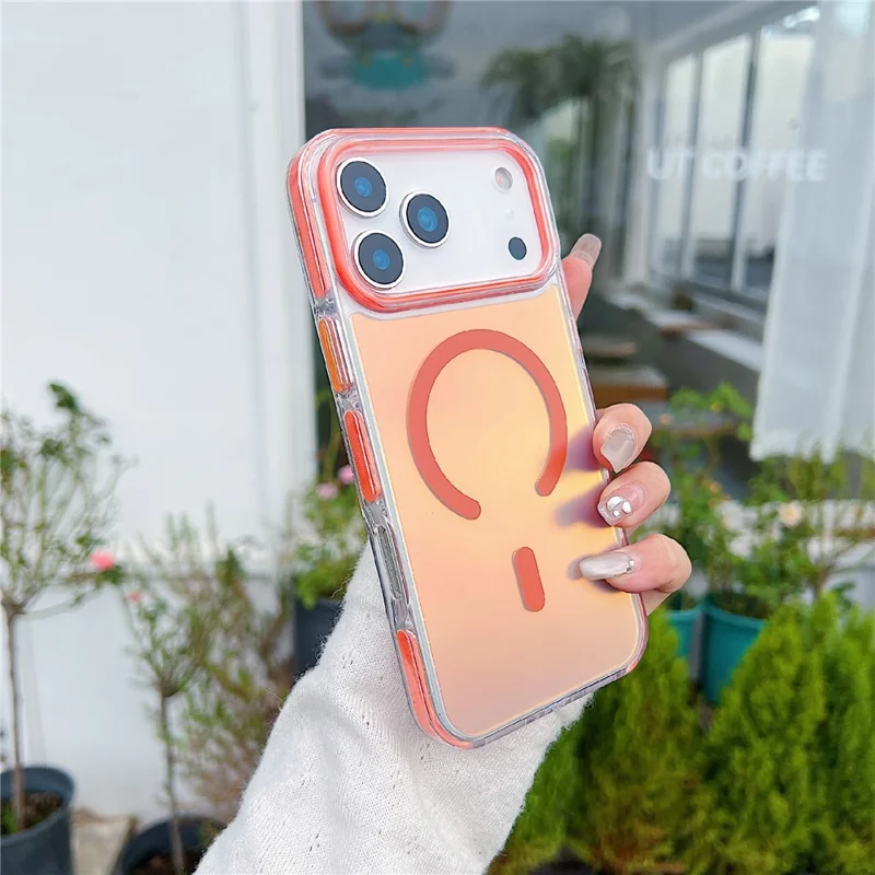 For iPhone 17 Pro Max Magnetic Case Laser Color Changing PC TPU Phone Protection Cover Compatible with MagSafe - Orange