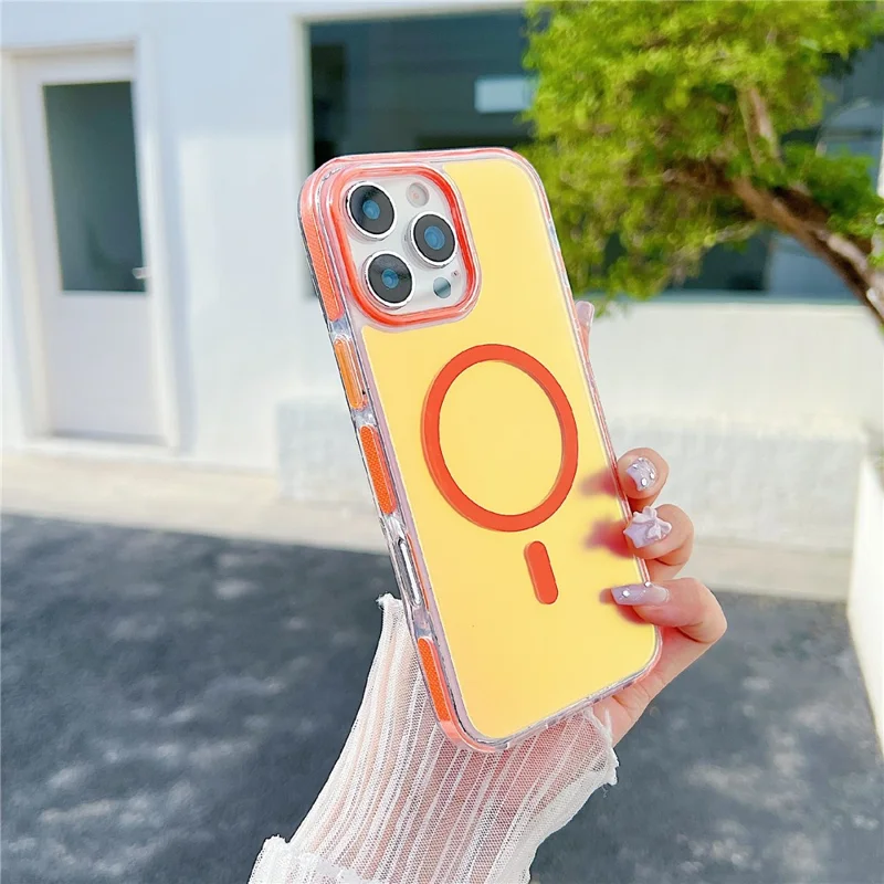 For iPhone 16 Pro Magnetic Case Laser Color Changing PC TPU Phone Protection Cover Compatible with MagSafe - Orange
