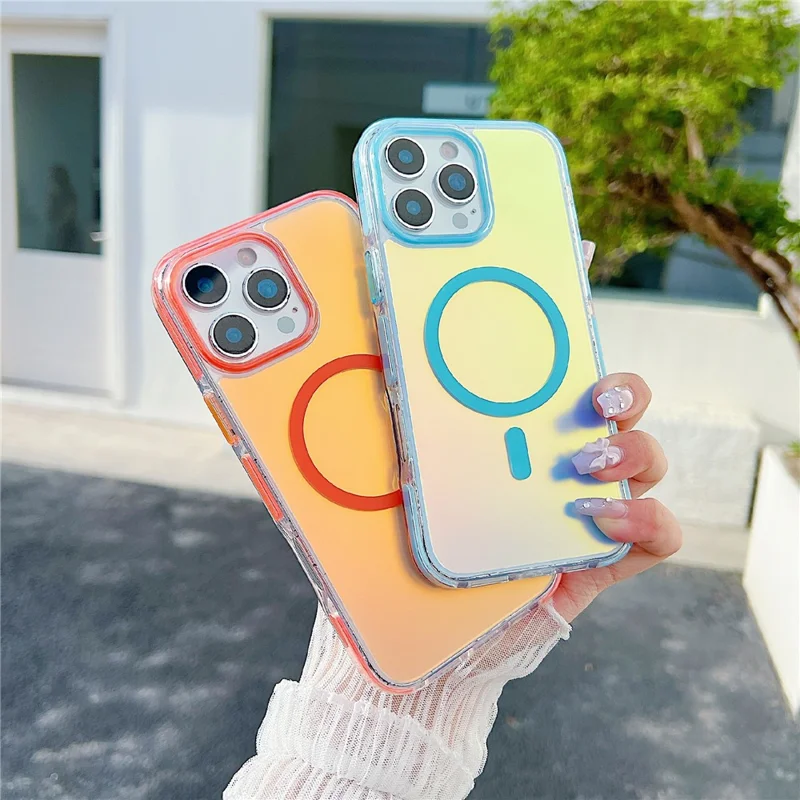 For iPhone 16 Pro Magnetic Case Laser Color Changing PC TPU Phone Protection Cover Compatible with MagSafe - Orange