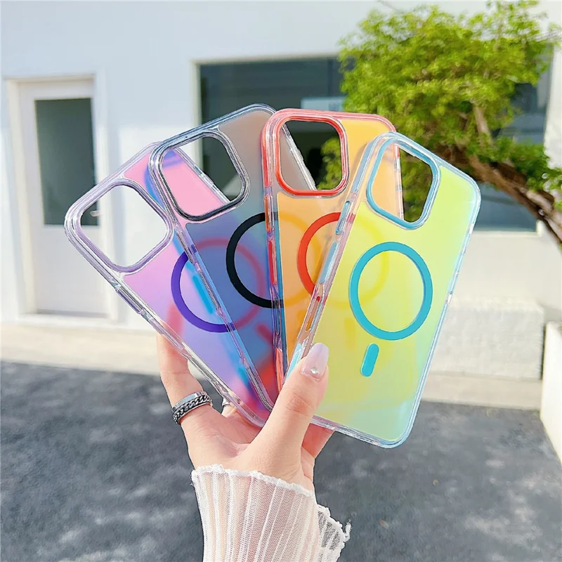 For iPhone 16 Pro Max Magnetic Case Laser Color Changing PC TPU Phone Protection Cover Compatible with MagSafe - Orange