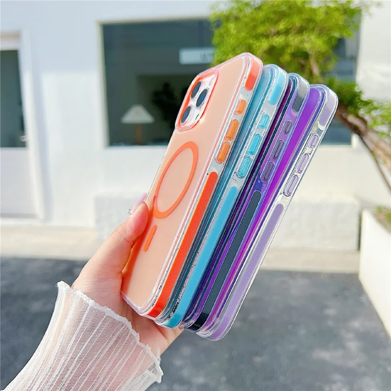 For iPhone 16 Pro Max Magnetic Case Laser Color Changing PC TPU Phone Protection Cover Compatible with MagSafe - Orange