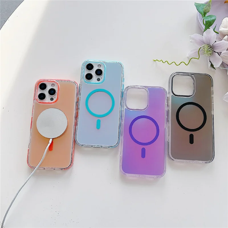For iPhone 16 Pro Max Magnetic Case Laser Color Changing PC TPU Phone Protection Cover Compatible with MagSafe - Orange